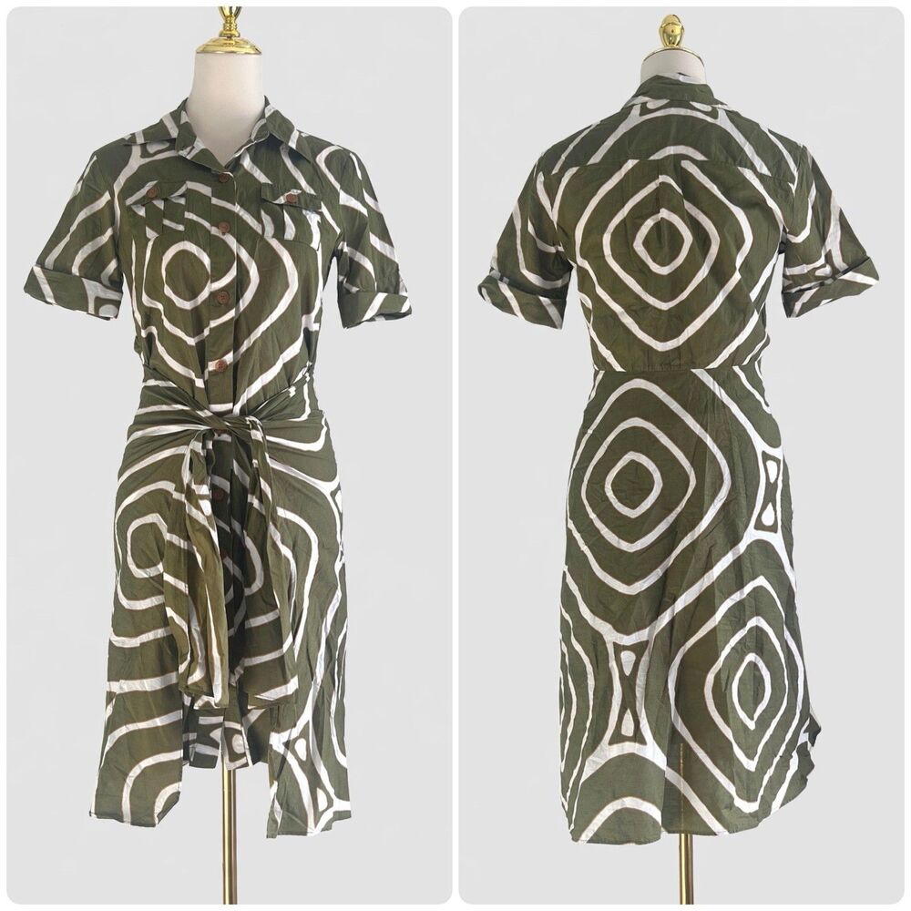 Vintage Diane Von Furstenberg Olive Gren White Printed Cotton Midi Dress sz 4